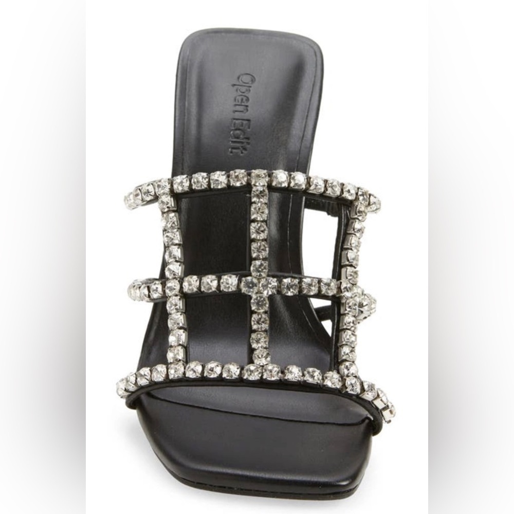 OPEN EDIT SPARKLING CRYSTALS STRAPPY DAPHNE HEEL SANDALS BLACK 8 MEDIUM - Picture 4 of 8